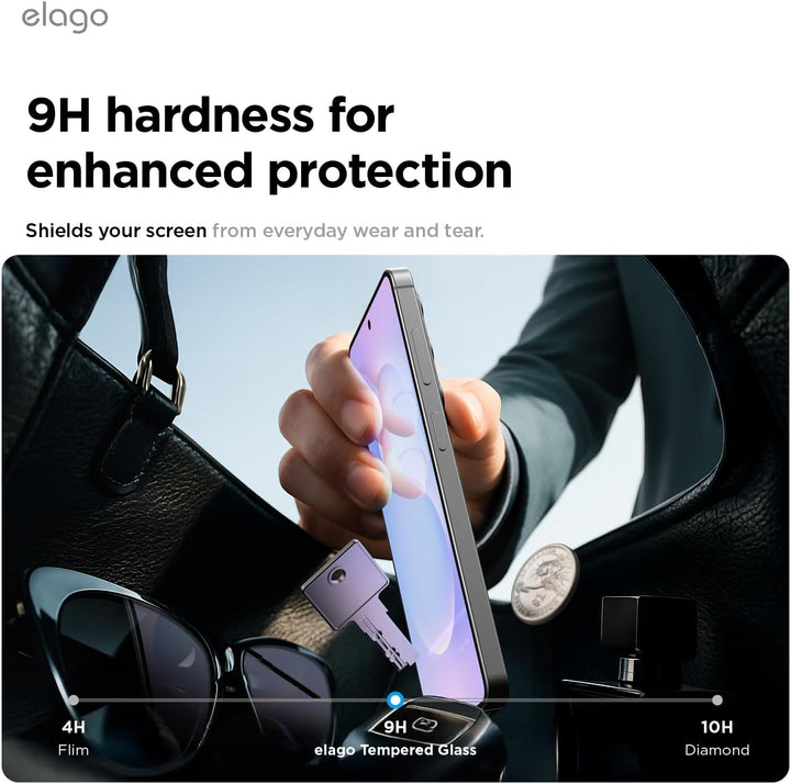A hand holds the Samsung Galaxy S26 Ultra Screen Protector by MobileTechnica (Elago 2-pack), resisting sharp objects. Text: “9H hardness for superior protection”—compare with 4H film and 10H diamond by swiping for details.
