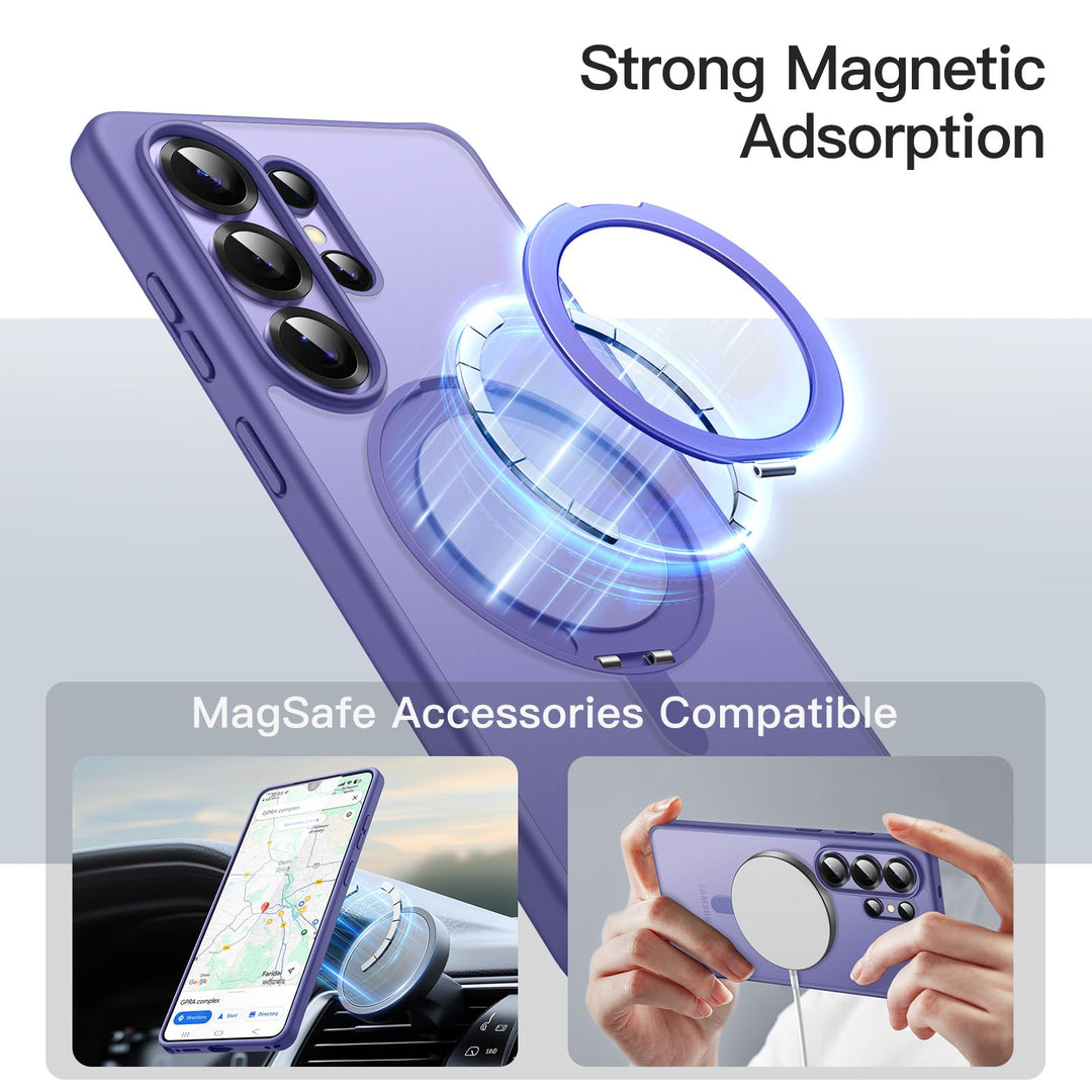 The MobileTechnica Samsung Galaxy S26 Ultra Case with MagSafe in matte Heron Purple features a glowing magnetic ring, strong magnetic adsorption, 360° ring stand, car vent mount support, and MagSafe-compatible wireless charging.
