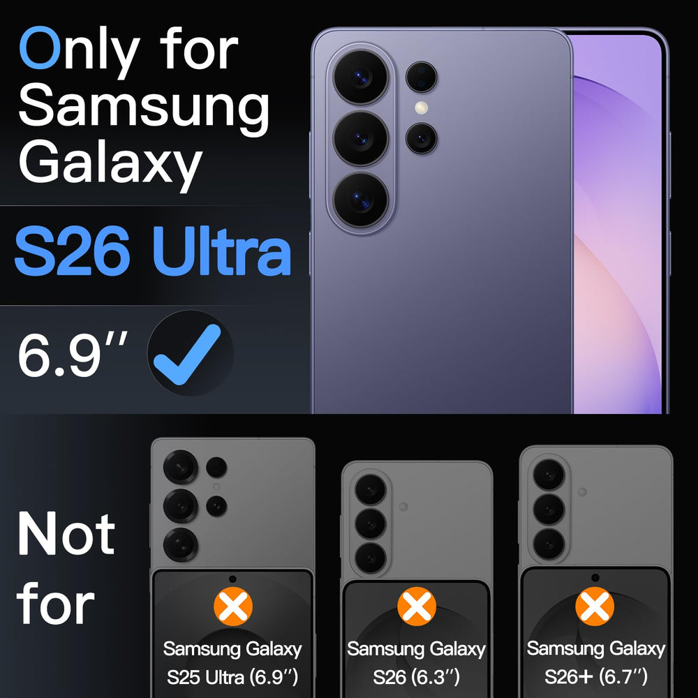 Graphic shows the MobileTechnica Samsung Galaxy S26 Ultra Screen Protector Glass Film, Antireflective 2-Pack (6.9") with a check mark labeled "Only for Samsung Galaxy S26 Ultra 6.9”." Other models are marked with orange Xs.