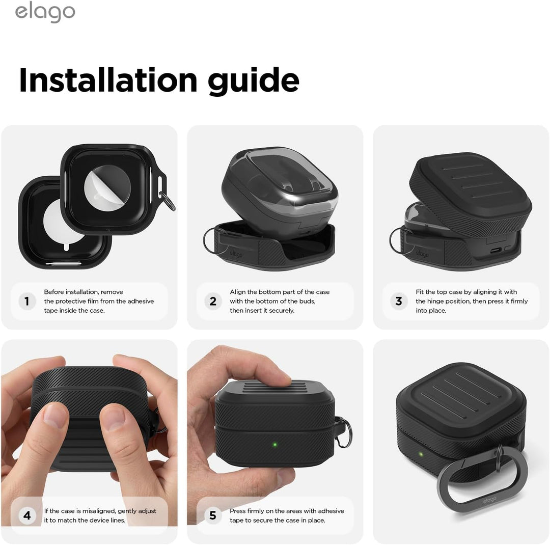 A step-by-step guide with five images in a carousel shows how to install the MobileTechnica Premium Silicone Cover (Black) on Samsung Galaxy Buds 4/4 Pro—remove film, align, snap together, adjust fit, and seal edges with included adhesive strips.