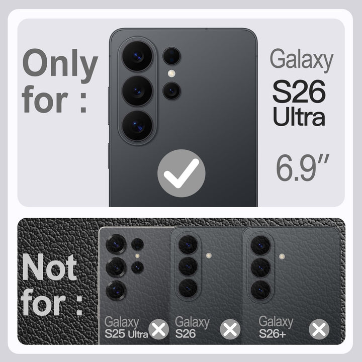 Graphic features MobileTechnica’s Samsung Galaxy S26 Ultra Case with Magsafe – JETech Leather beside “Only for: Galaxy S26 Ultra 6.9",” emphasizing it's a Samsung Galaxy S26 case. Other models are marked “Not for” on a vintage leather background.
