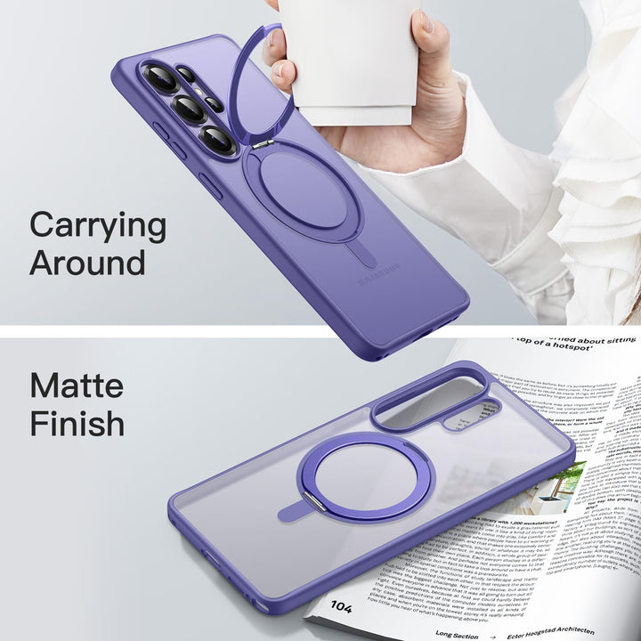 A hand holds the MobileTechnica Samsung Galaxy S26 Ultra Case with MagSafe in Heron Purple. The matte-finish case features a 360° ring stand and precise camera cutouts. Text: “Carrying Around” and “Matte Finish.”.