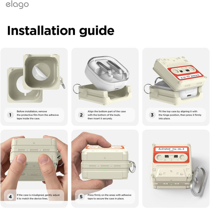 Six-step guide with visuals for installing your Samsung Galaxy Buds 4 Pro in the MobileTechnica Classic White Cassette Case: insert and align the earbuds case, secure it, adjust if needed, and press firmly to ensure a snug fit. Carabiner included for added protection.
