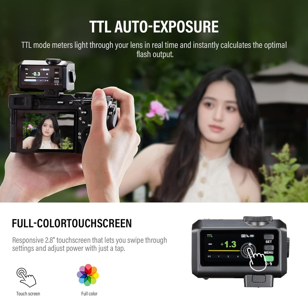 A Godox iT30 Pro N for Nikon by MobileTechnica displays a woman in focus outdoors on its 2.8” full-color touchscreen flash, featuring TTL auto-exposure with icons and CSS styling for easy setting visibility.