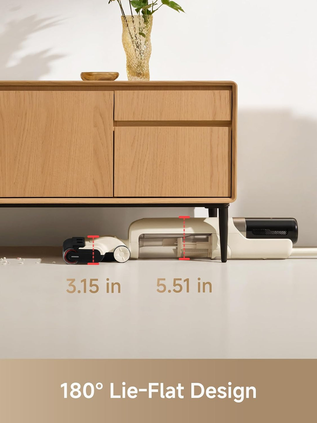A MobileTechnica MOVA K30 Wet Dry Vacuum Cleaner (18k Pa Suction) lies flat at 3.15–5.51" clearance under a wooden cabinet by a white wall, showcasing its 180° Lie-Flat Design for easy storage.