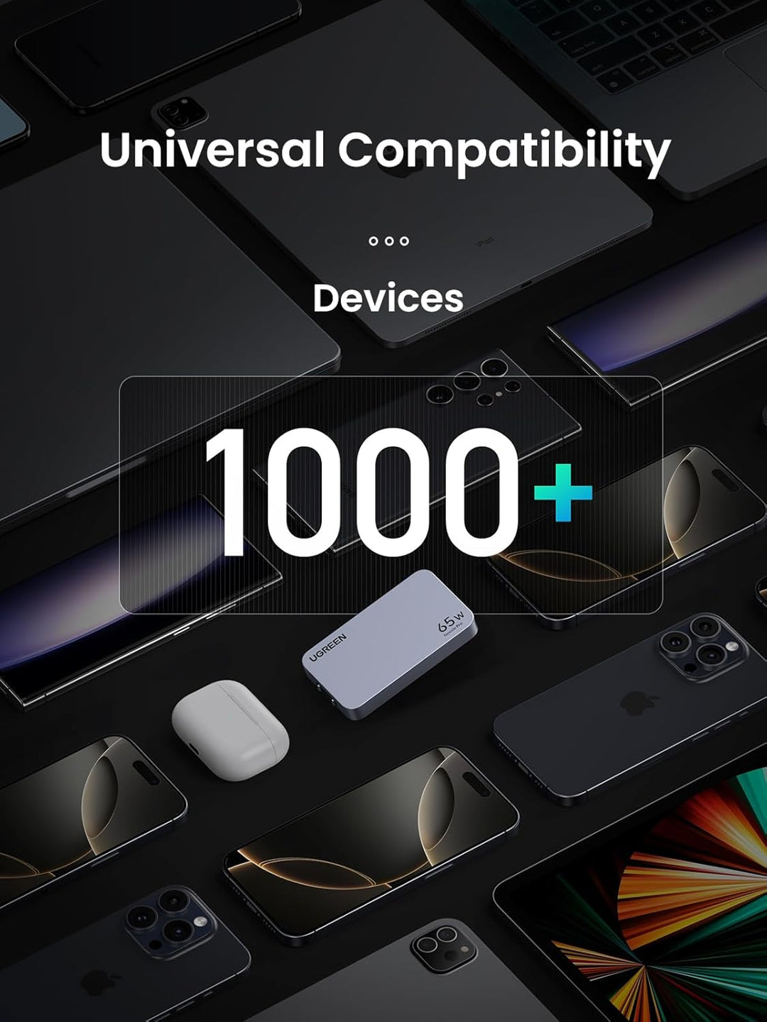 UGREEN's 65W Travel Charger, the ultra-slim Nexode Pro 3-Port GaN USB-C charger, is displayed alongside various electronics. "Universal Compatibility" and "1000+ Devices" highlight its wide compatibility across smartphones, tablets, laptops, and accessories.