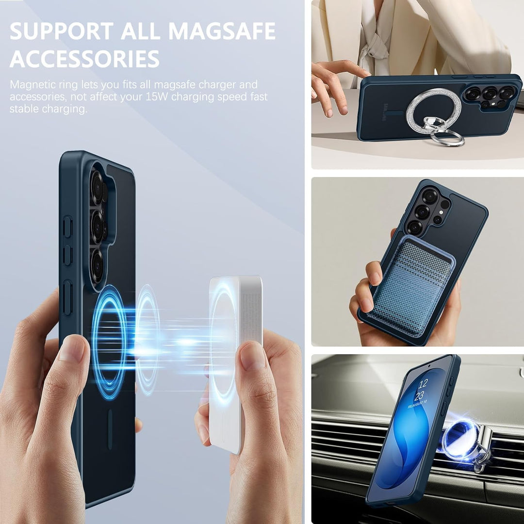 A collage features the MobileTechnica Samsung Galaxy S26 Ultra Case with MagSafe in grey, showcasing military-grade drop protection as it connects to a charger, ring holder, magnetic wallet, air vent clip, and kickstand.