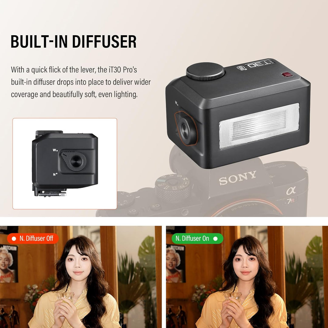 A styled product image displays the MobileTechnica Godox iT30 Pro N for Nikon (Black) with a built-in diffuser. Below, two photos of a woman show harsh lighting (“Diffuser Off”) vs. softer, even lighting (“Diffuser On”).