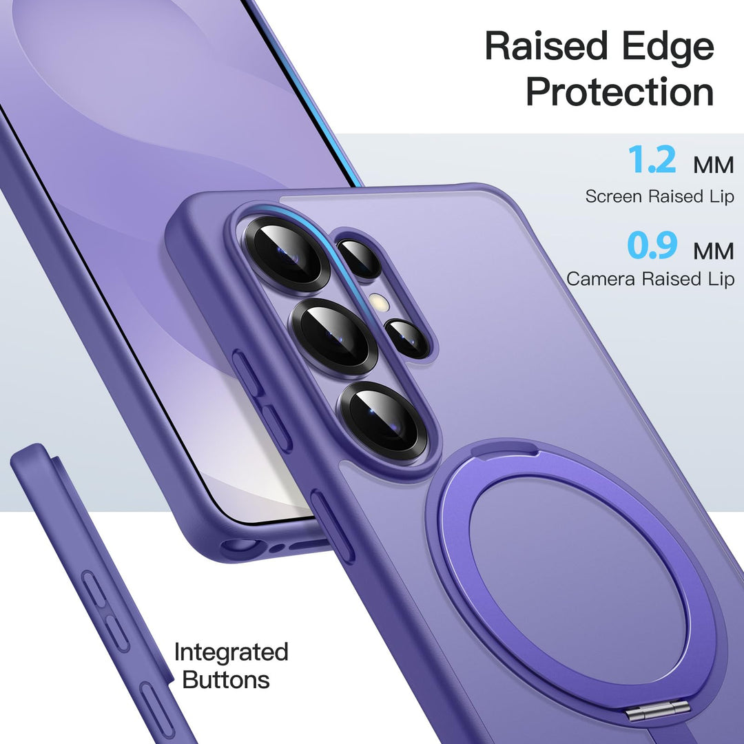 The MobileTechnica Samsung Galaxy S26 Ultra Case with MagSafe in Heron Purple features raised edge protection (1.2mm screen, 0.9mm camera), a visible MagSafe ring, integrated buttons, and highlights "Raised Edge Protection.