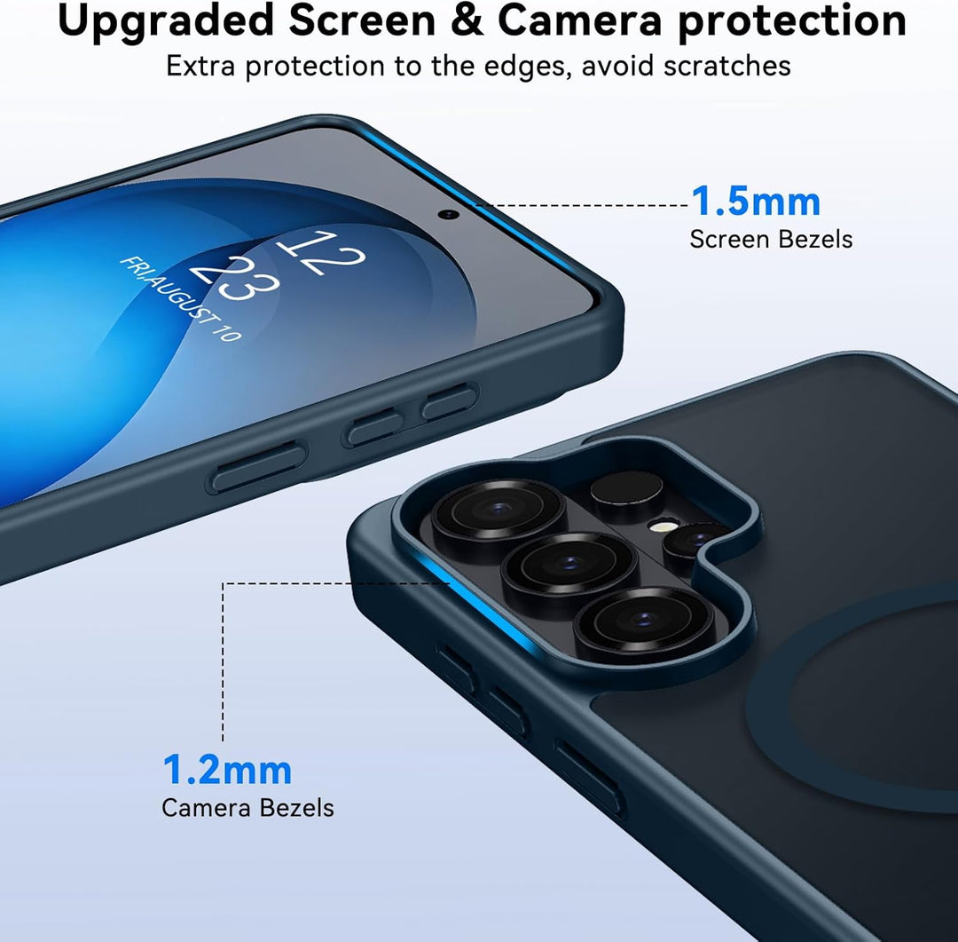 A close-up of the MobileTechnica Samsung Galaxy S26 Ultra Case with MagSafe in grey highlights raised bezels—1.5mm for the screen, 1.2mm for the camera—and military-grade drop protection for superior edge coverage and scratch resistance.
