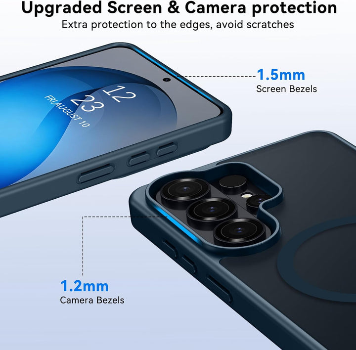 A close-up of the MobileTechnica Samsung Galaxy S26 Ultra Case with MagSafe in grey highlights raised bezels—1.5mm for the screen, 1.2mm for the camera—and military-grade drop protection for superior edge coverage and scratch resistance.