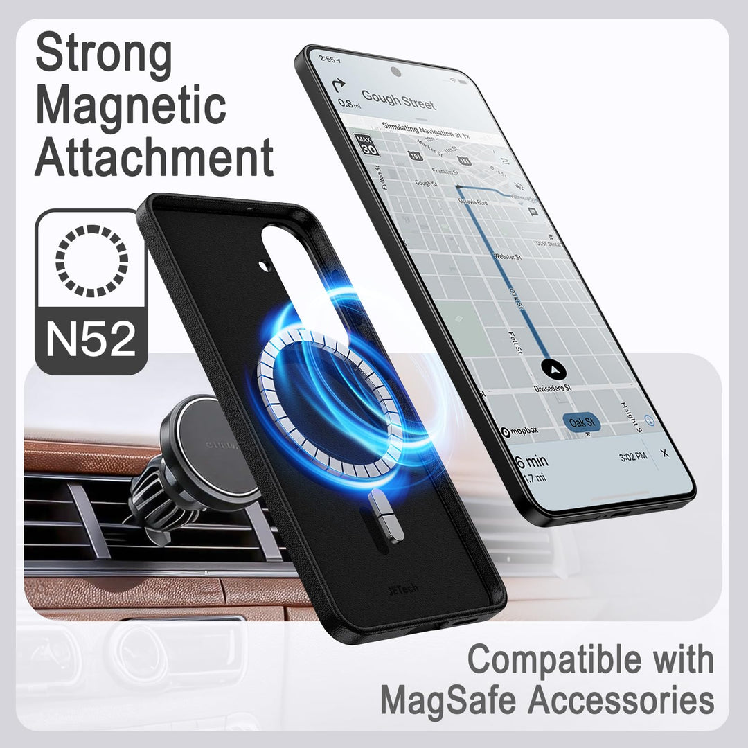 A Samsung Galaxy S26 Ultra hovers over a dashboard car mount with blue rings showing strong N52 magnetic attachment. Navigation is onscreen. Text: "Strong Magnetic Attachment," "N52," and "Compatible with MagSafe Accessories." MobileTechnica JETech Leather Case.