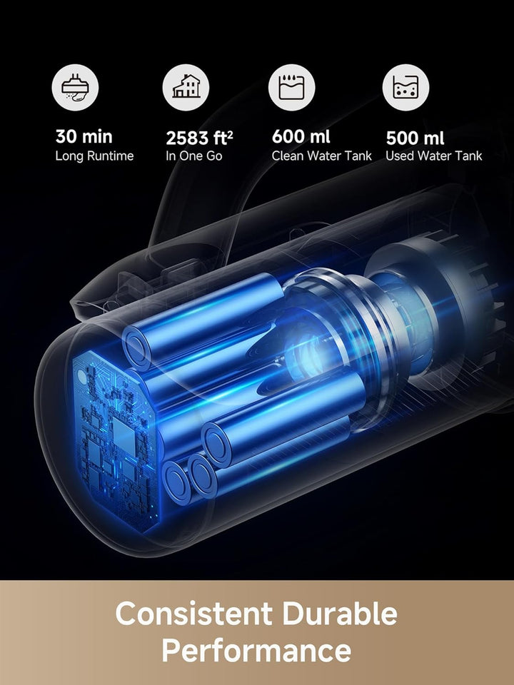 A cutaway of the MOVA K30 Wet Dry Vacuum Cleaners (MobileTechnica, 18k Pa suctions) shows glowing internals. Icons above show: 30 min runtime, 2583 sq ft coverage, 600ml clean and 500ml used water tanks. “Consistent Durable Performance.”.