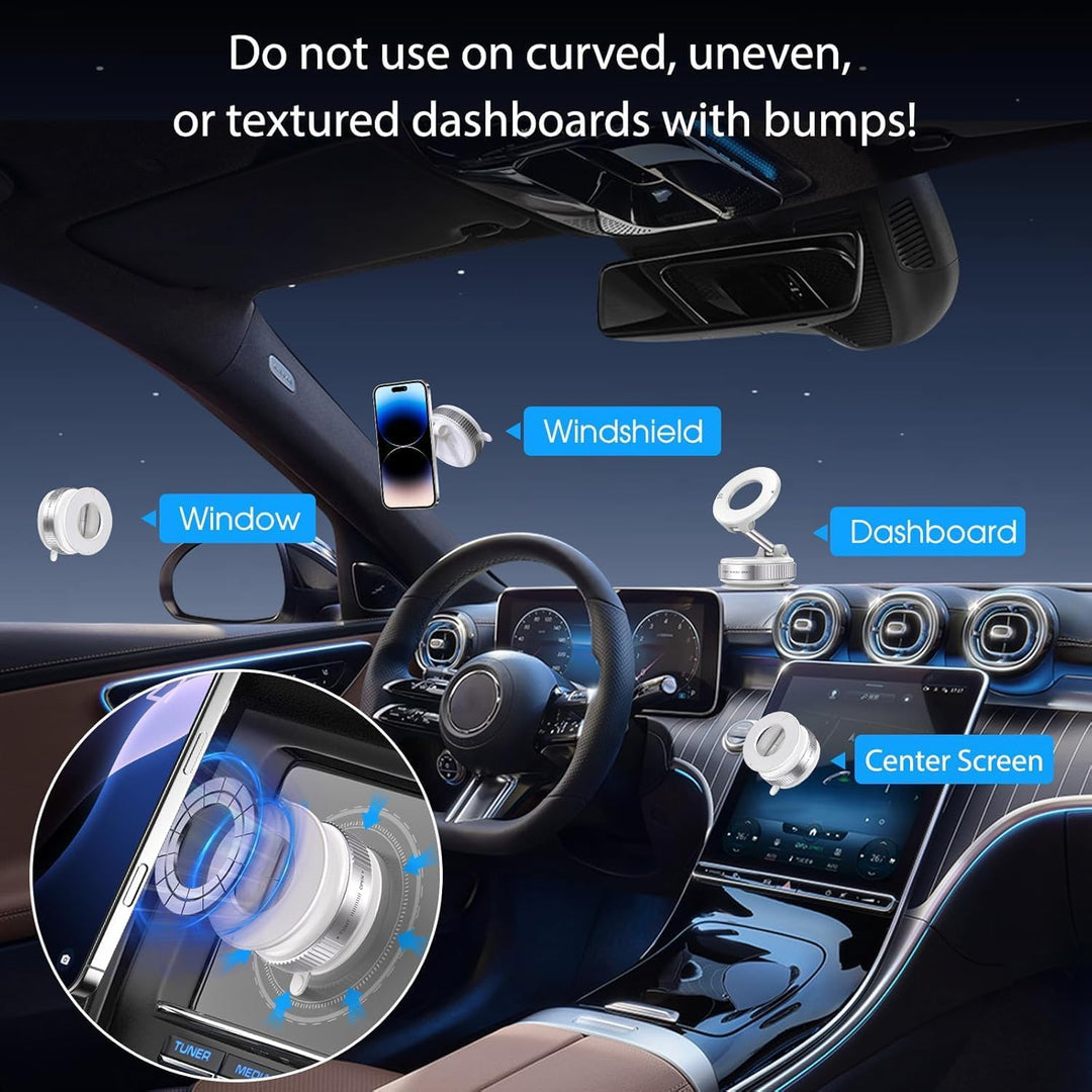 A luxury car interior displays icons showing possible placements for the Raptic iPhone 17 Clear Case with Magnetic Stand—dashboard, windshield, window, and center screen. Top text warns against use on curved or bumpy dashboards. Inset shows the mount near the screen.