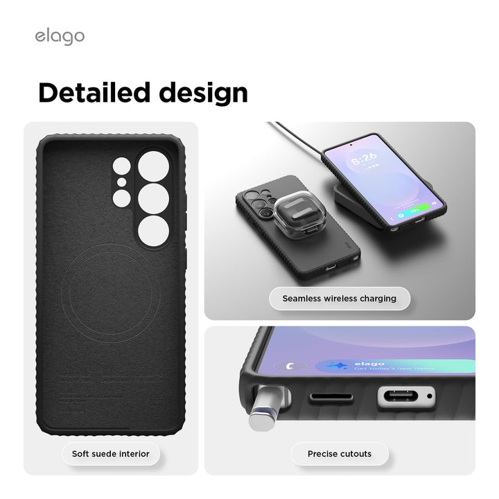 The MobileTechnica Samsung Galaxy S26 Ultra Case with MagSafe - elago Ridge Silicone features a soft suede interior, precision cutouts, and premium silicone. Shown in black, it securely holds your phone and wireless earbuds for effortless wireless charging.