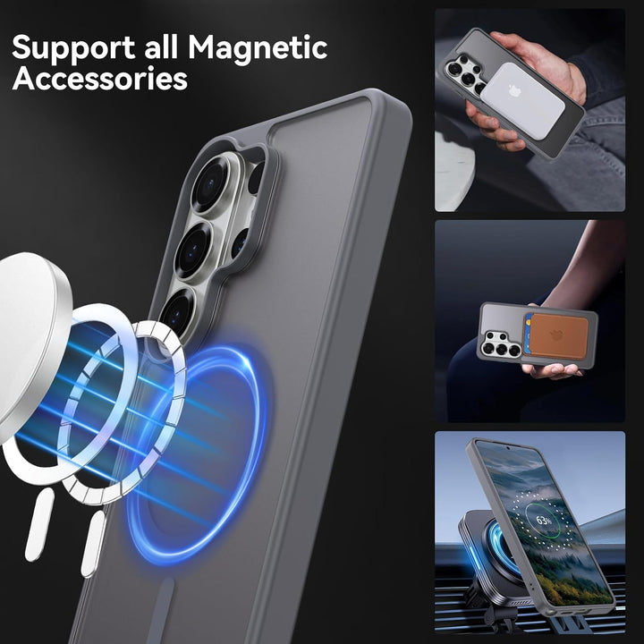 The MobileTechnica Samsung Galaxy S26 Ultra Case with MagSafe in Grey features a magnetic ring for MagSafe accessories—charger, wallet, car mount—and offers military-grade drop protection, shown on a triple-lens phone from various angles.