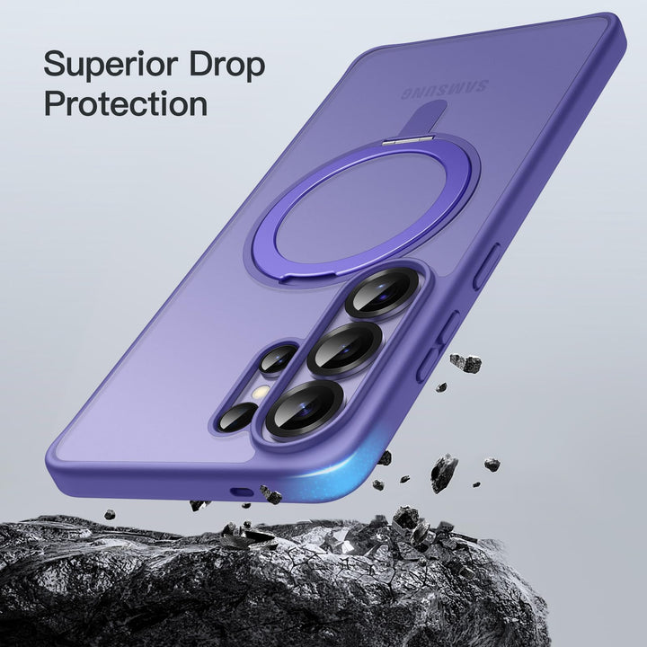 A MobileTechnica Samsung Galaxy S26 Ultra Case with MagSafe in Matte Heron Purple drops onto rocks, debris flying, to show “Superior Drop Protection.” The camera lenses and the case’s circular design are visible.