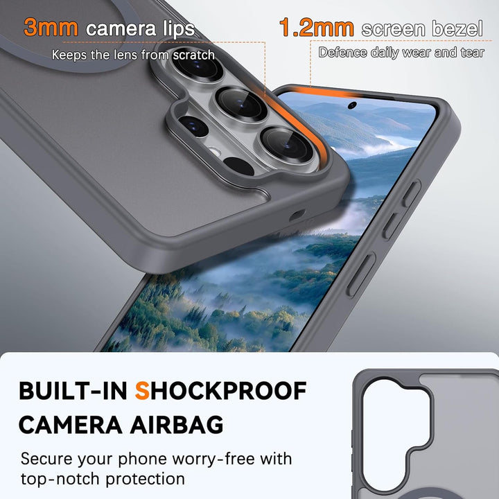 Close-up of the MobileTechnica Samsung Galaxy S26 Ultra Case with MagSafe in grey, showing 3mm camera lips, 1.2mm bezel, and military-grade drop protection. “BUILT-IN SHOCKPROOF CAMERA AIRBAG” ensures secure edge protection from scratches and drops.