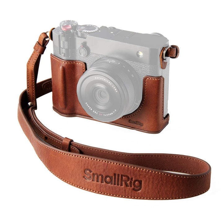 The SmallRig GFX100RF Leather Case Kit (Brown) for FUJIFILM GFX100RF includes a leather case, shoulder strap, and concave shutter button cap, offering vintage protection with precise cutouts and ergonomic grip for stylish, comfortable carrying.