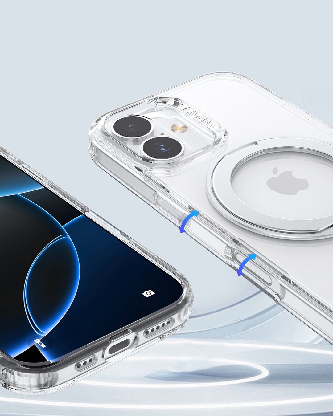 Two Raptic iPhone 17 Clear Cases with Magnetic Stand—one on a phone, one empty—showcase the phone’s design, MagSafe ring, precise cutouts, and military-grade protection against a light blue background.