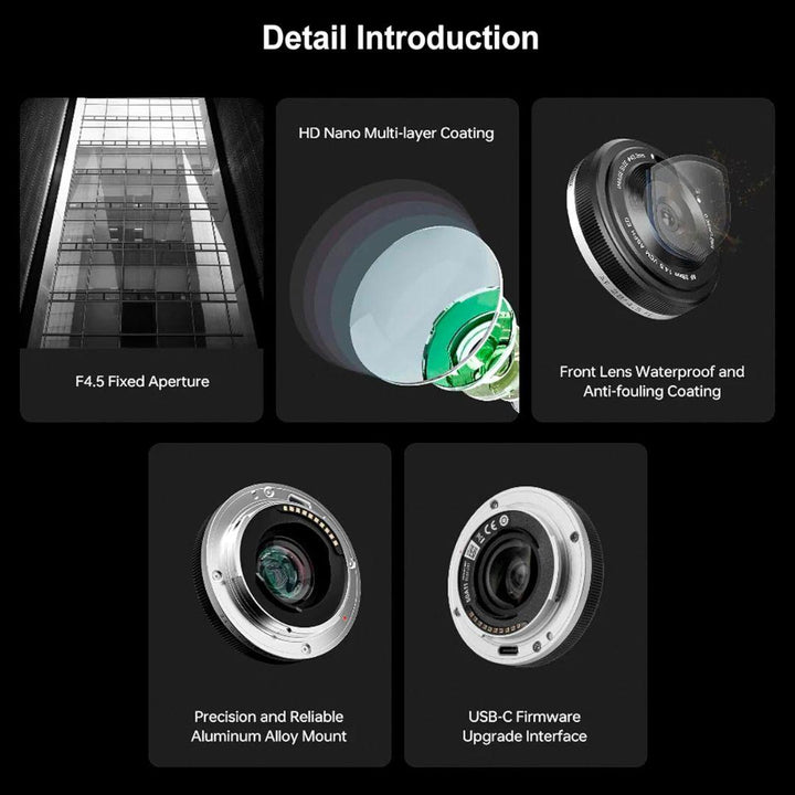 A five-panel graphic highlights Viltrox 28mm f/4.5 FE for Sony Full Frame Cameras: fixed F4.5 aperture, HD nano multi-layer coating, waterproof and anti-fouling front lens, precision aluminum alloy mount, and USB-C firmware interface.