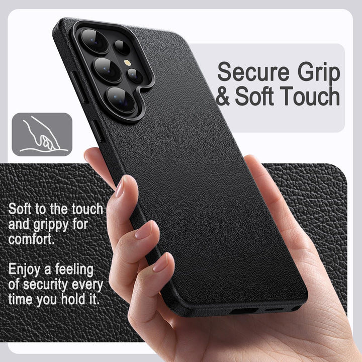 A hand holds the MobileTechnica Samsung Galaxy S26 Ultra Case with Magsafe—JETech Leather, in black. Text on the right: “Secure Grip & Soft Touch.” On the left: “Soft to the touch and grippy for comfort, ensuring security with every hold.”.