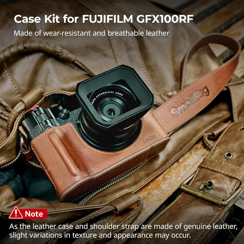 A FUJIFILM GFX100RF is shown in the SmallRig GFX100RF Leather Case Kit (Brown) with ergonomic dual-grip design, matching shoulder strap, and concave shutter button cap—offering vintage protection and breathable, wear-resistant genuine leather.