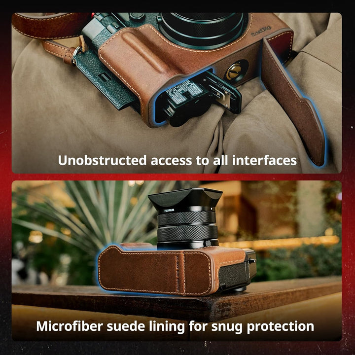 Top: Close-up of FUJIFILM GFX100RF in SmallRig GFX100RF Leather Case Kit (Brown, #5268) with open flap for easy memory card access. Bottom: Ergonomic dual-grip case with suede lining and vintage style; text overlays highlight features.