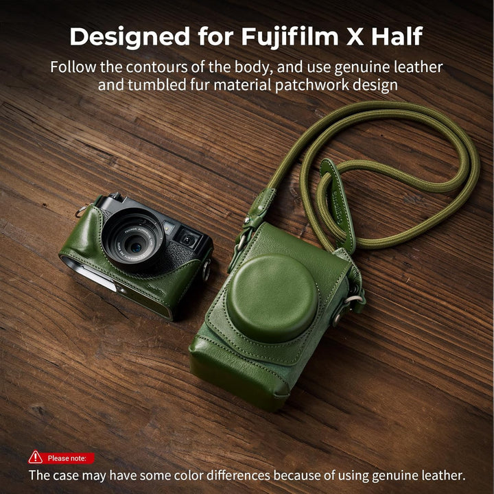 SMALLRIG Leather Case Kit for FUJIFILM X Half, Retro Style Full-Cover Carrying Bag with Half Leather Case, Built-in Card Pocket, Portable and Protecting with Woven Shoulder Strap (Green) - 5220