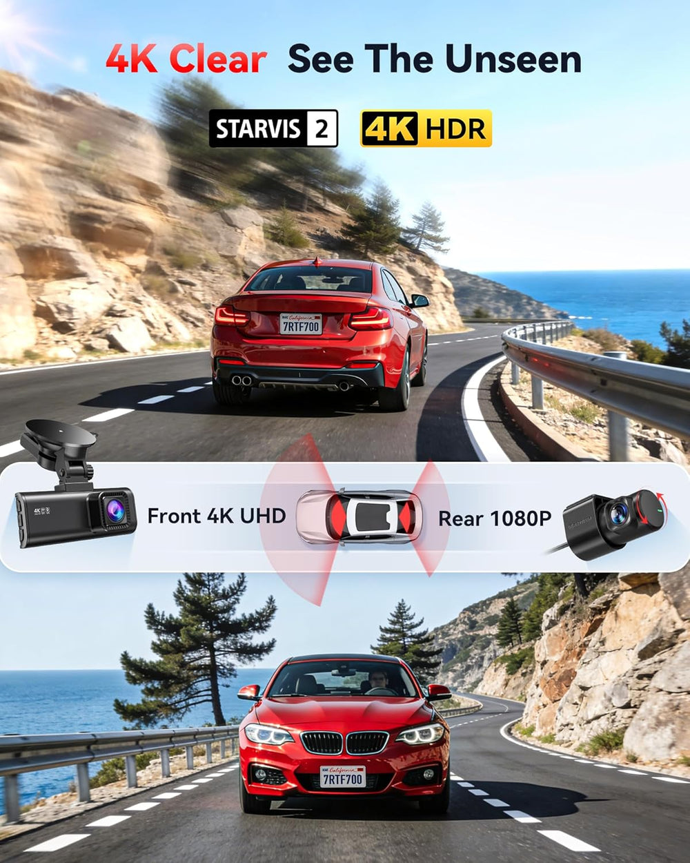 A red BMW drives along the coast near rocky cliffs. Text reads "4K Clear, See The Unseen" and "4K HDR." Images show the MobileTechnica REDTIGER Dash Cam: 4K front, 1080P rear, STARVIS 2 sensor, 170° wide angle, GPS, and WiFi (20MB/s).