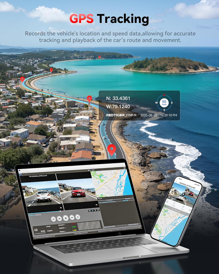 Aerial view of a coastal road with red GPS pins; in front, a laptop and smartphone show maps, 4K dash cam video, and tracking data from the MobileTechnica REDTIGER Dash Cam 4K/1080P with GPS, STARVIS 2 sensor, WDR & HDR night vision. "GPS Tracking" text highlights location recording.