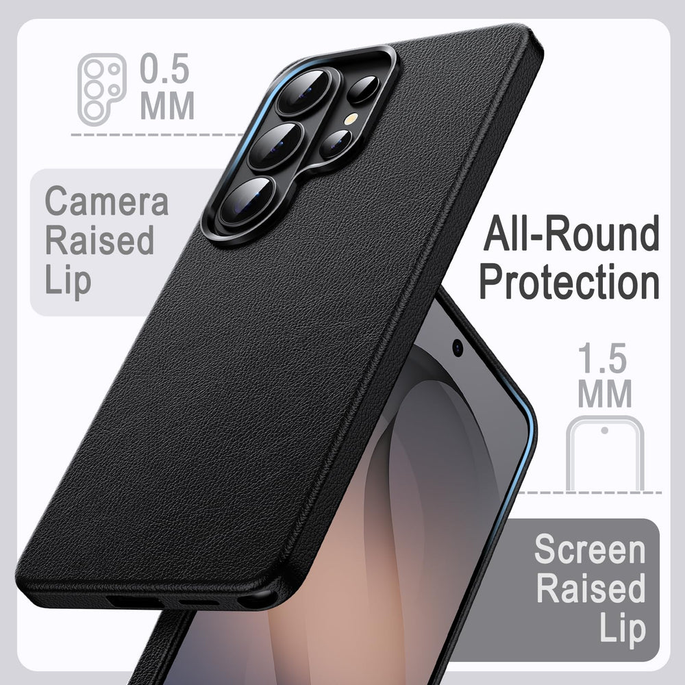 The MobileTechnica Samsung Galaxy S26 Ultra Case with Magsafe by JETech Leather provides 0.5 mm camera and 1.5 mm screen raised lips, plus a textured finish for style, safety, and a precise fit for your phone.