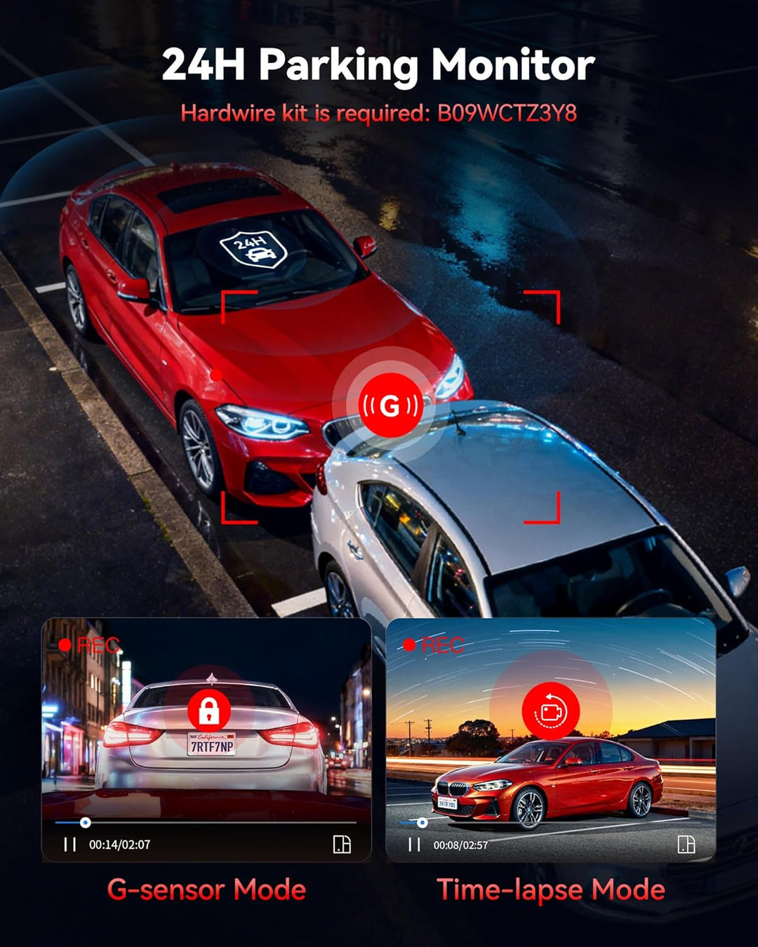 A red car is parked at night under a lot light, viewed from above, as a white car approaches. Insets display the MobileTechnica REDTIGER Dash Cam 4K interface: G-sensor Mode, Time-lapse Mode, and 24H Parking Monitor (hardware kit info shown).