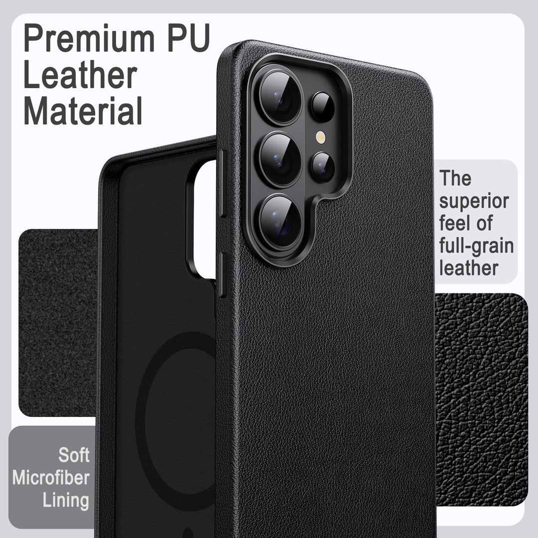 A close-up of the MobileTechnica Samsung Galaxy S26 Ultra Case with Magsafe – JETech Leather shows its textured premium PU leather surface, superior full-grain feel, and soft microfiber lining. Insets display texture details.