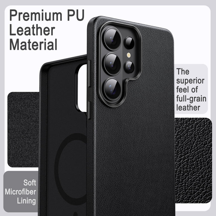 A close-up of the MobileTechnica Samsung Galaxy S26 Ultra Case with Magsafe – JETech Leather shows its textured premium PU leather surface, superior full-grain feel, and soft microfiber lining. Insets display texture details.
