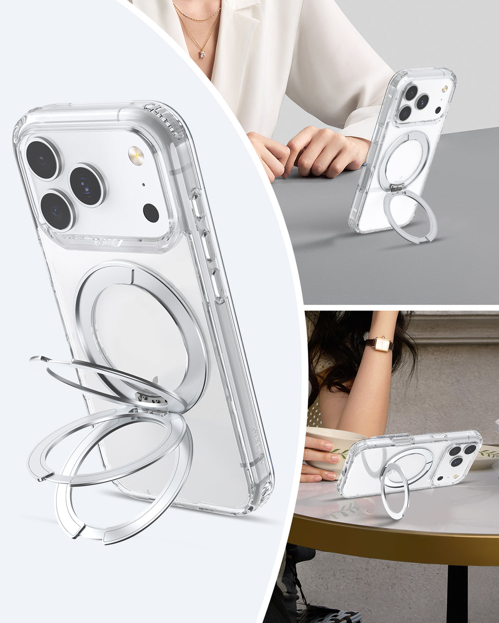 The Raptic iPhone 17 Clear Case with Magnetic Stand (Raptic Air Stand) offers military-grade protection and a built-in silver ring stand. Shown: lying on a table, held by someone in a white blouse, and propped up by another in dark attire.