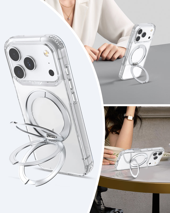 The Raptic iPhone 17 Clear Case with Magnetic Stand (Raptic Air Stand) offers military-grade protection and a built-in silver ring stand. Shown: lying on a table, held by someone in a white blouse, and propped up by another in dark attire.