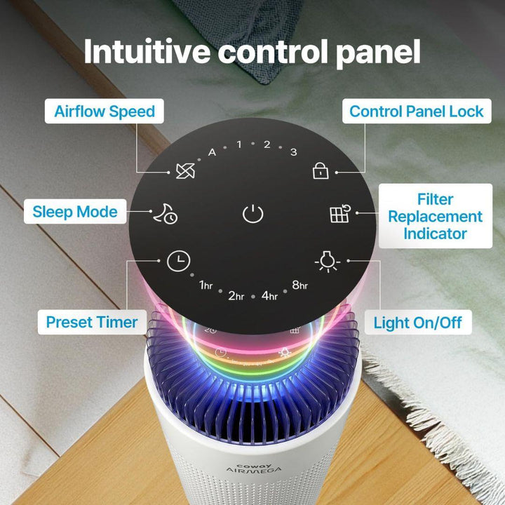 A top view of the MobileTechnica Portable Air Purifier - Coway Airmega 50 reveals a round black control panel with touch buttons for speed, sleep mode, and more; colorful LED lights encircle the edge, while whisper-quiet operation minimizes disruption.