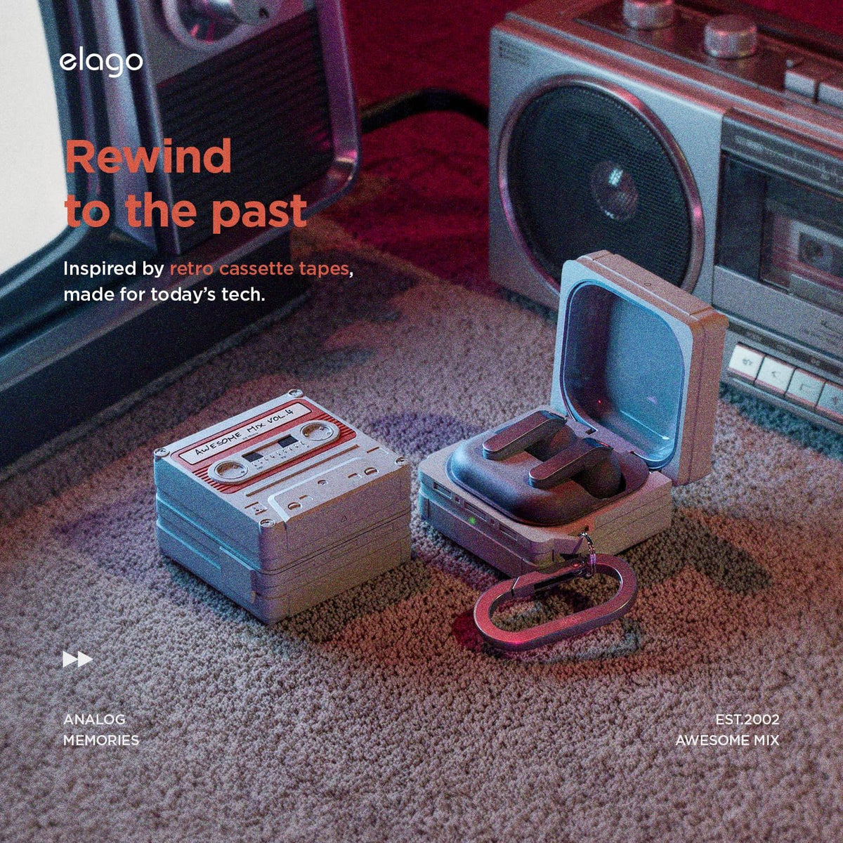 Two retro cassette players, tapes, and a Bluetooth speaker sit on a carpet. A MobileTechnica Galaxy Buds 4 Pro & 4 case (Classic White Cassette) with full protection and carabiner is open, earbuds inside. Blue-pink light adds nostalgia; text overlays detail the product.