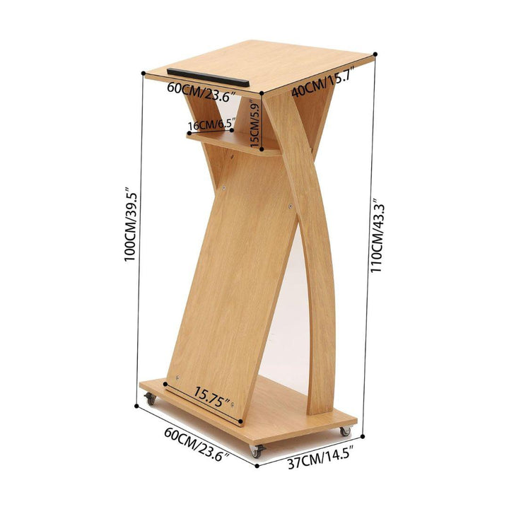 The MobileTechnica Podium Lecturn Rolling Stand features a light wood, ergonomic, angled design with four small wheels, storage shelves, and dimensions of 100x60x40 cm; shelf: 16x35 cm; base: 60x37 cm; top: 60x40 cm.