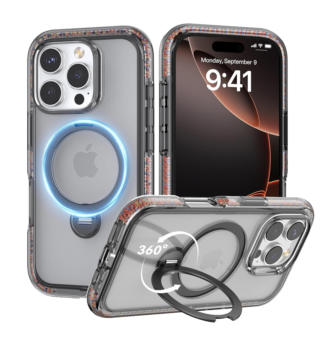 The Raptic AirJoy Beads for iPhone 16 Pro Max features a built-in 360-degree kickstand, MagSafe compatibility, and a stylish bead design on its glittery reinforced border. With air bumpers, it protects while showcasing your phone's interface from every angle.