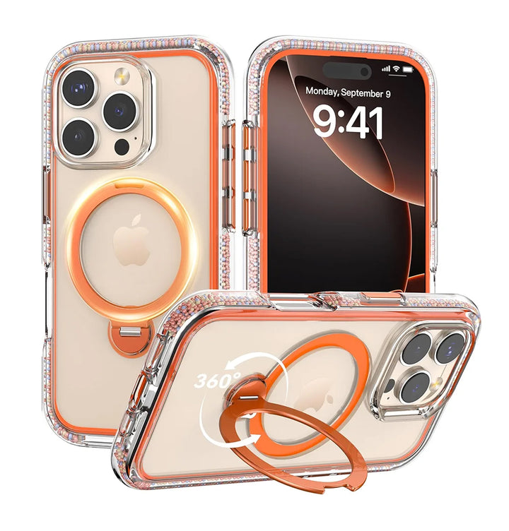 Three iPhone 16 Pro smartphones with Raptic AirJoy Beads transparent cases accented in orange, feature crystal bead designs. Each has a central circular kickstand and air bumpers for protection. The phones display 9:41 on Monday, September 9, against a rich brown background with minimal design.
