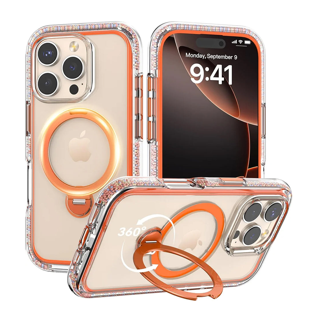The Raptic AirJoy Beads for iPhone 16 Pro Max is a transparent orange case with rhinestone accents, a ring holder with 360-degree rotation, and unique bead design. It offers stylish protection with air bumpers and allows screen visibility of 9:41 on Monday, September 9.