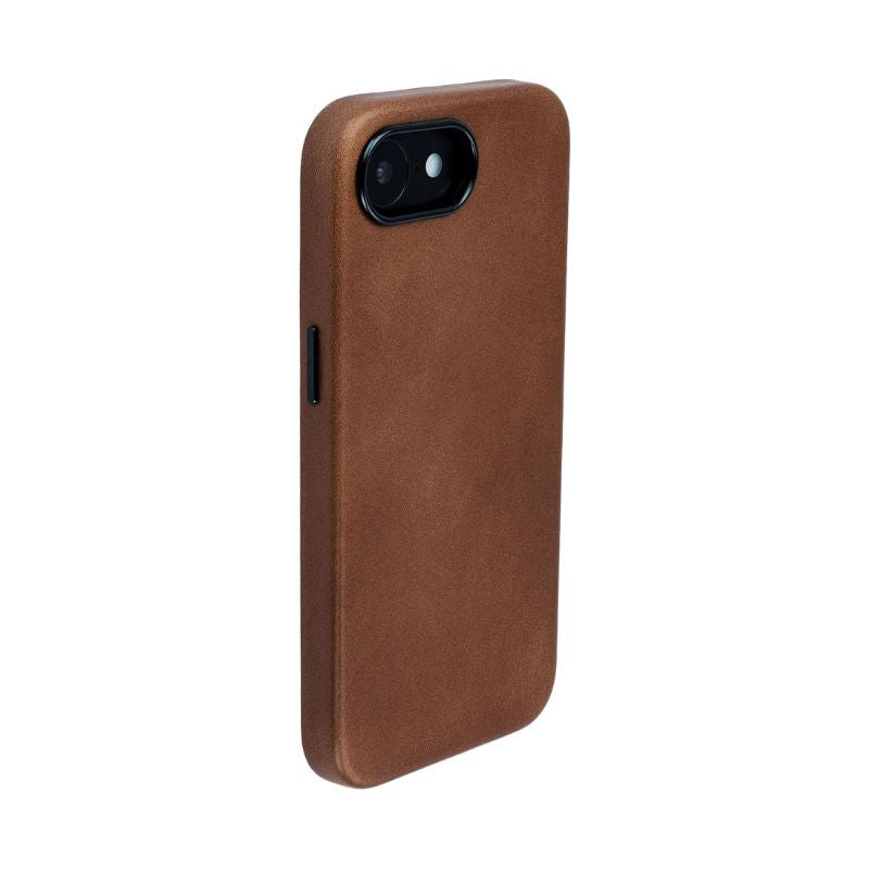 The Dockem iPhone 16e Genuine Leather Magnetic Case - Leather Magsafe is shown upright at an angle, highlighting camera and side button cutouts. Its brown minimalist design, slim protection, and smooth edges stand out against a white background.
