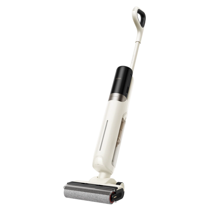 The MobileTechnica MOVA K30 Wet Dry Vacuum Cleaner features 18k Pa suction, a modern white and black cordless upright design with a large cylindrical body, ergonomic handle, wide roller brush head, and 180° lie-flat function on a plain white background.