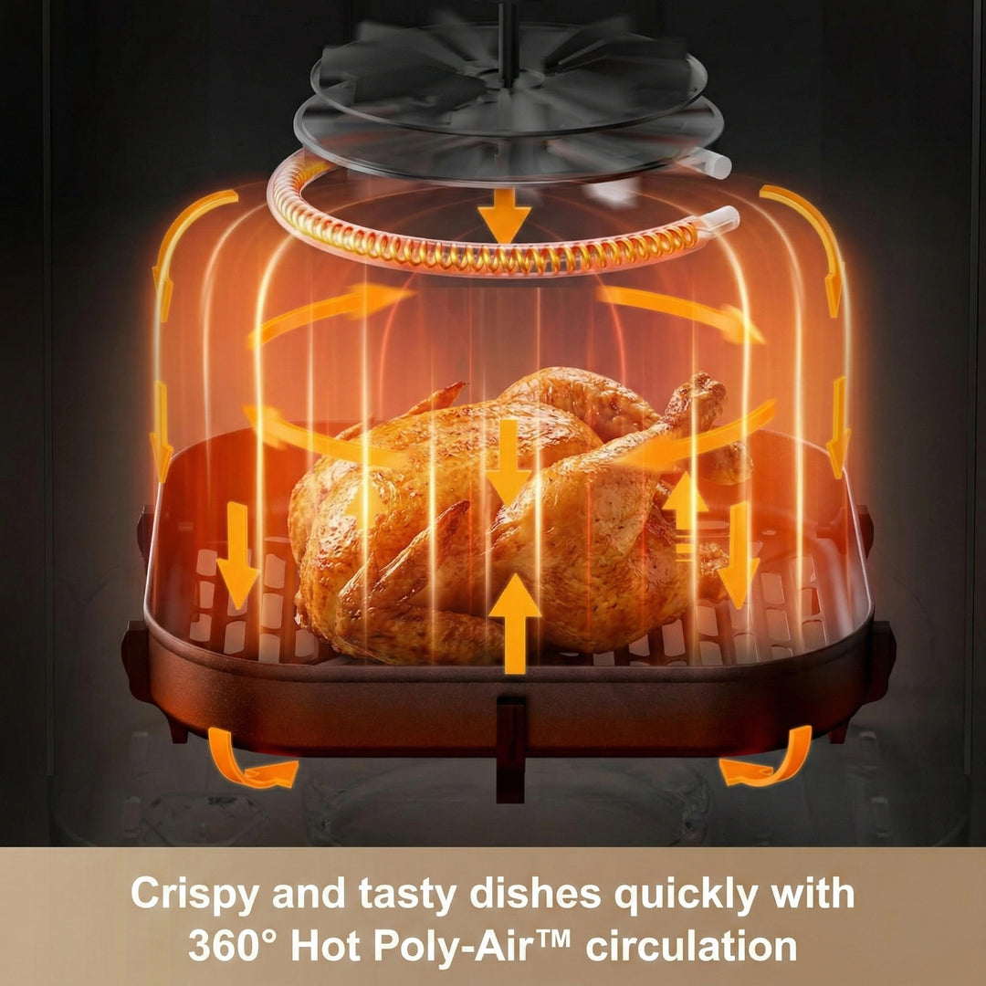 A whole roasted chicken rests in the MOVA FD10s Pro Air Fryer by MobileTechnica, as orange arrows and glowing lines highlight 360° hot air circulation from the Dual HeatSync System, while its ceramic coating shines against a dark backdrop.