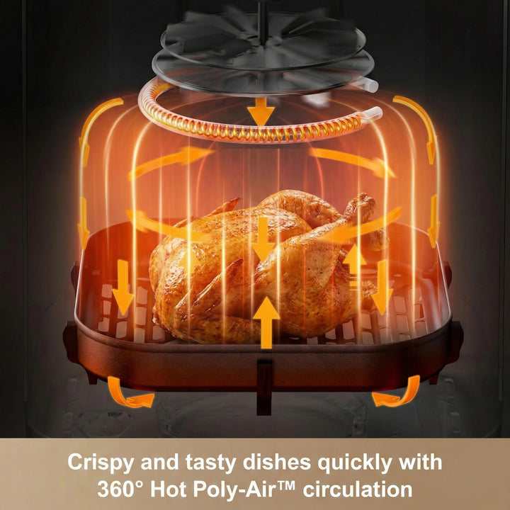 A whole roasted chicken rests in the MOVA FD10s Pro Air Fryer by MobileTechnica, as orange arrows and glowing lines highlight 360° hot air circulation from the Dual HeatSync System, while its ceramic coating shines against a dark backdrop.