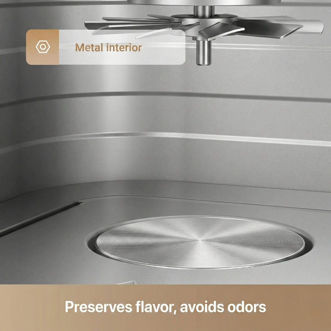 Close-up of the MOVA FD10s Pro Air Fryer by MobileTechnica, featuring a metallic 6L interior, spinning top blade, and brushed metal base. Text overlay: “Metal interior.” Caption: "Preserves flavor, avoids odors." Modern design with Dual HeatSync System.