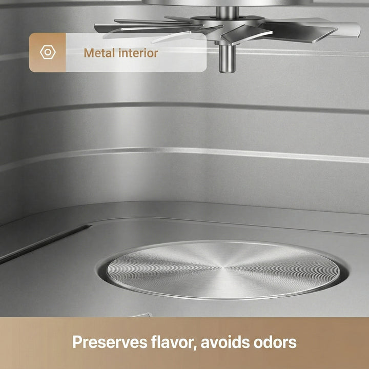Close-up of the MOVA FD10s Pro Air Fryer by MobileTechnica, featuring a metallic 6L interior, spinning top blade, and brushed metal base. Text overlay: “Metal interior.” Caption: "Preserves flavor, avoids odors." Modern design with Dual HeatSync System.