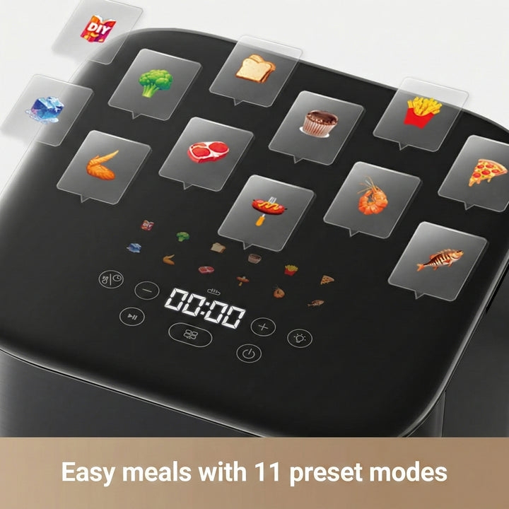 A close-up of the MOVA FD10s Pro Air Fryer by MobileTechnica shows a 6L control panel with touch icons for 11 preset cooking modes, featuring images for fries, chicken, steak, shrimp, veggies, cake & DIY. “Easy meals with 11 preset modes.”.
